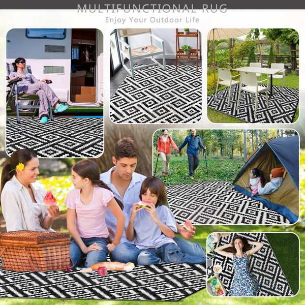 Cekene Large Outdoor Rug Waterproof Black 245x305cm Patio Rugs Reversible RV Camping Mat Lightweight Plastic Portable Outdoor Carpet for Picnic Porch Deck Backyard BBQ Beach