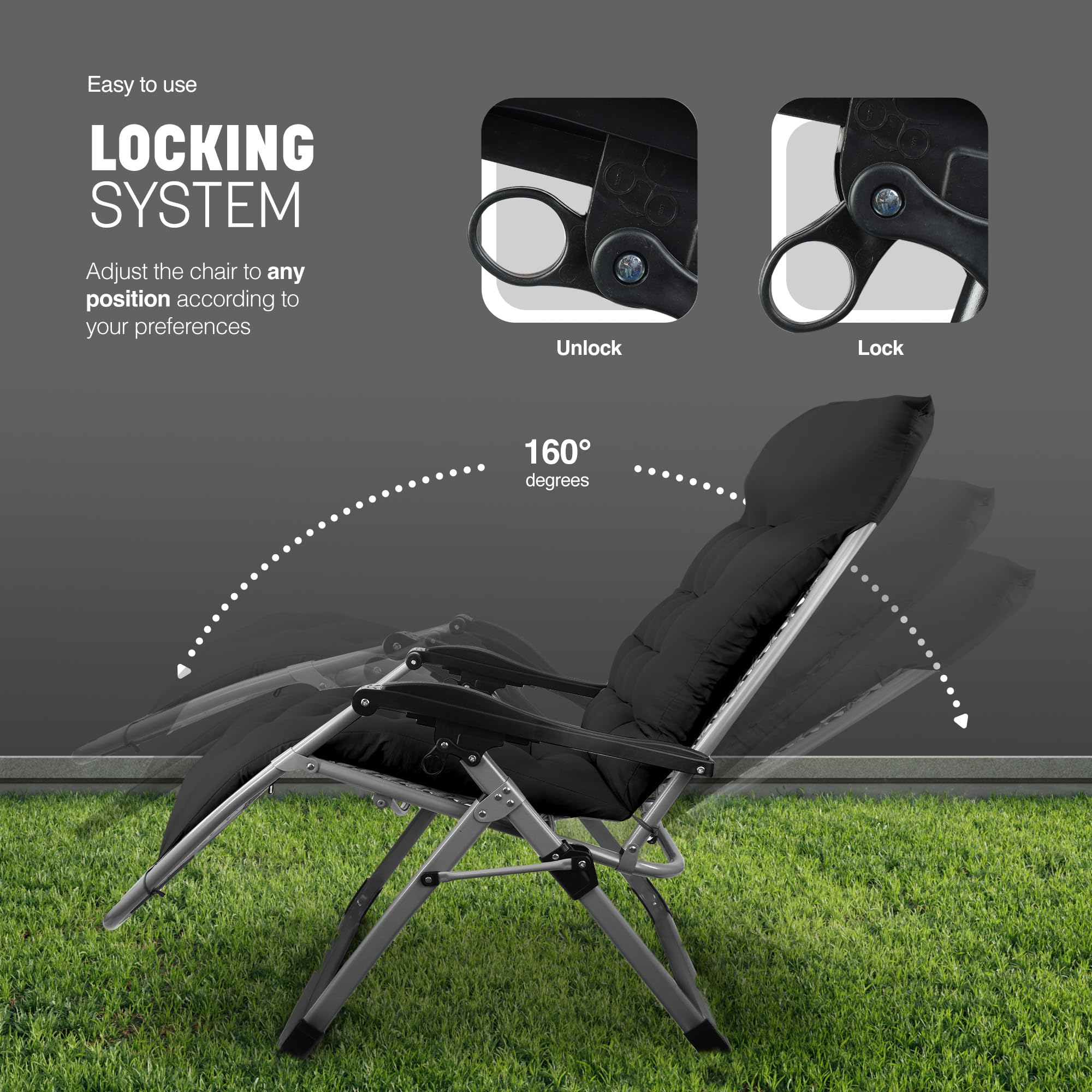 KEPLIN Square Tube Gravity Chair with Cushion – Extra-Wide 72cm Recliner, Adjustable Zero Gravity Lounger, Reinforced Frame, Supports 150kg, Premium Comfort for Indoor & Outdoor Relaxation – Black