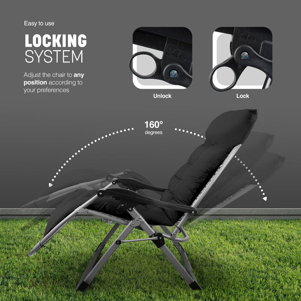 KEPLIN Square Tube Gravity Chair with Cushion – Extra-Wide 72cm Recliner, Adjustable Zero Gravity Lounger, Reinforced Frame, Supports 150kg, Premium Comfort for Indoor & Outdoor Relaxation – Black