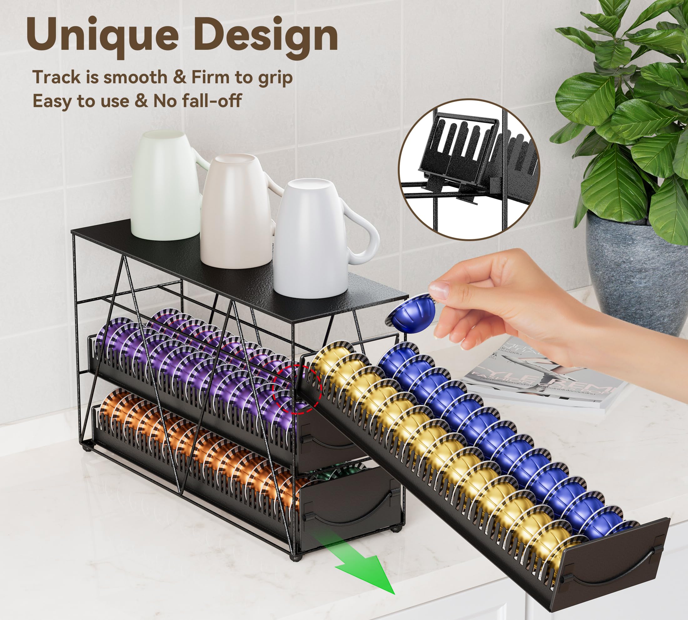 HFHOME Coffee Pod Holder Drawer for 90 Nespresso Vertuo Pods, 3 Tier Nespresso Pod Organizer, Metal Coffee Capsules Storage Stand with Sliding Drawers