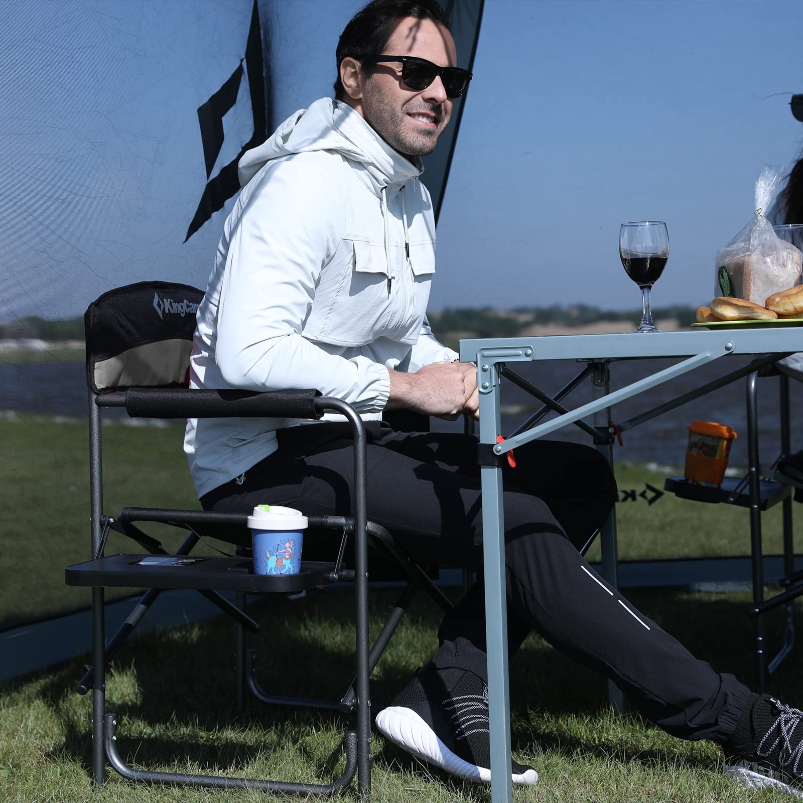 KingCamp Folding Camping Chairs for Adluts Heavy Duty Directors Chair with Cooler Bag and Side Table Support up to 150KG