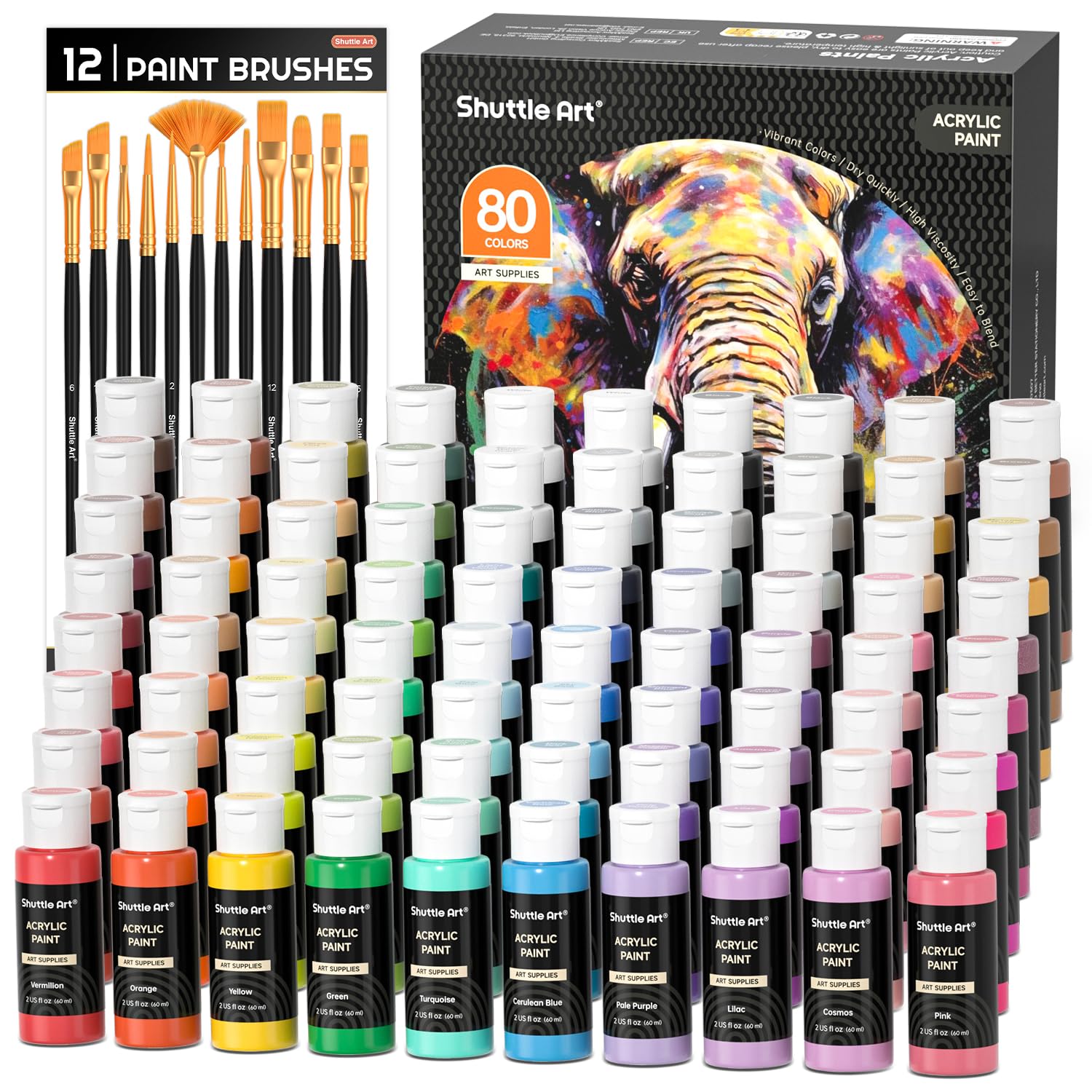 Shuttle Art 80 Pack Acrylic Paints Set, 78 Colours Acrylic Paint (2oz,60ml) with Extra White Black Piants & 12 Brushes, Rich Pigmented, Water Proof