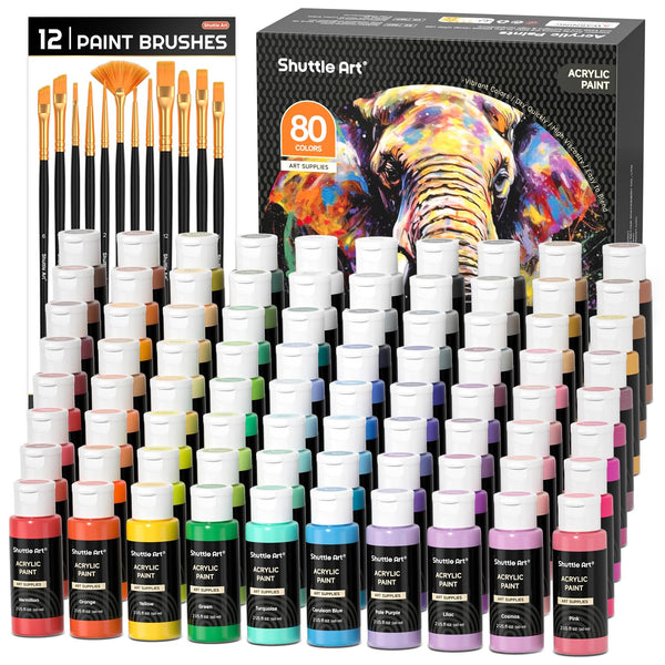 Shuttle Art 80 Pack Acrylic Paints Set, 78 Colours Acrylic Paint (2oz,60ml) with Extra White Black Piants & 12 Brushes, Rich Pigmented, Water Proof