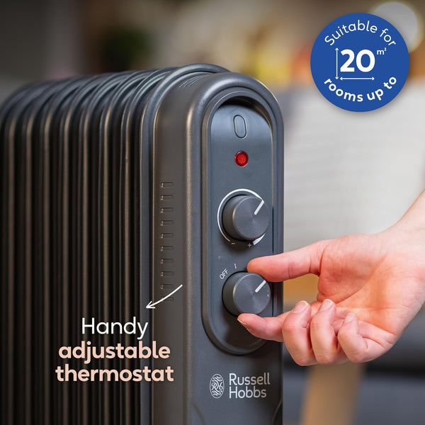 Russell Hobbs 1500W/1.5KW Oil Filled Radiator, 7 Fin Portable Electric Heater - Anthracite, Adjustable Thermostat, 3 Heat Settings, Overheat Protection, 15m sq Room Size, 2 Year Guarantee RHOFR7004A