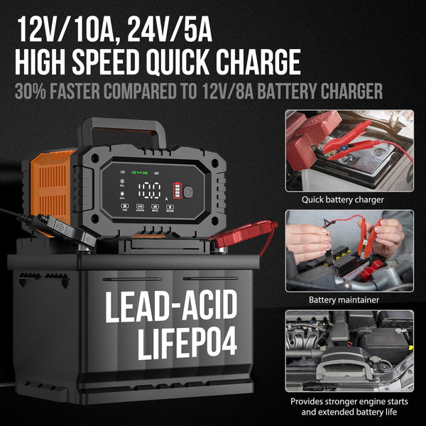 Battery Charger 10A, NEXPEAK 12V 24V LiFePO4 Car Battery Chargers, Automatic Maintainer with Temperature Compensation for Car Motorcycle Truck, AGM, Gel, Wet, SLA