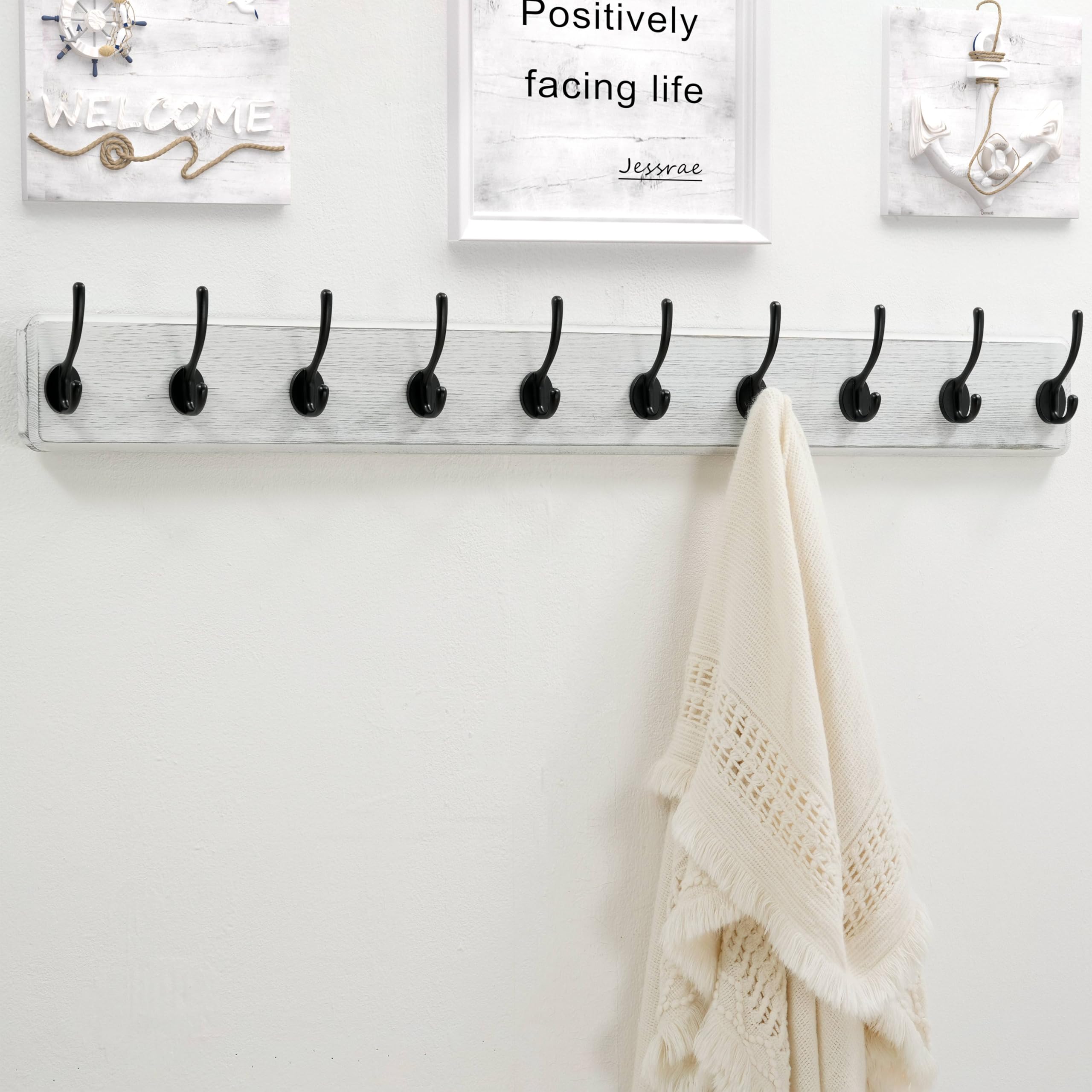Dseap Coat Rack Wall: 97cm Long, Patented, Heavy-Duty, 10-Double-Hooks Wooden Wall Mounted Coat Rack Coat Hanger Hook Rail for Winter Coats Hat Jacket