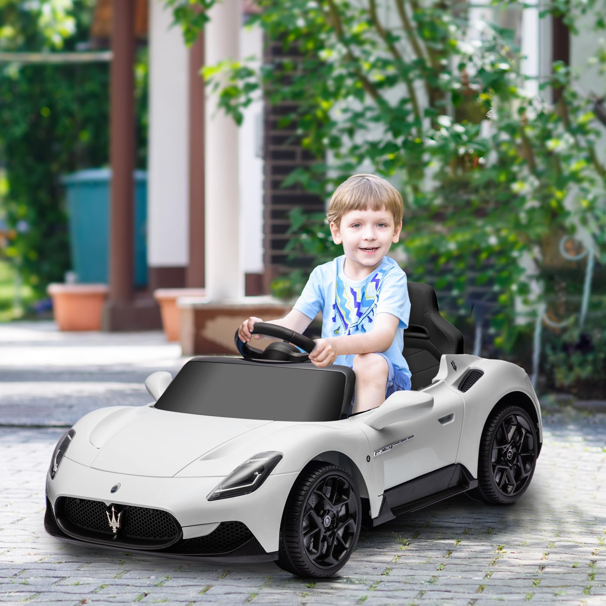Maserati MC20 Licensed 12V Kids Electric Car with Slow Start, Remote Control, Music, LED Lights, Horn, Spring Suspension, for 3-6 Years, White