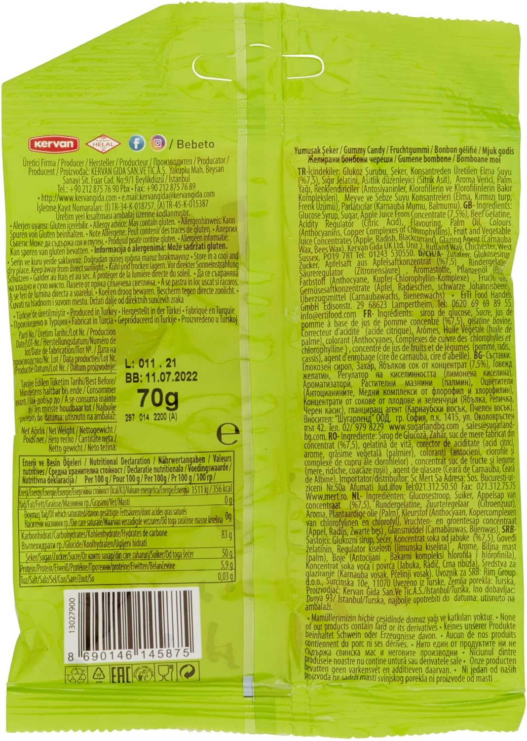 Bebeto Cherries Gummy Sweets, Chewy Fruity Sweets, Halal Certified Candy, Single Pack, 70g