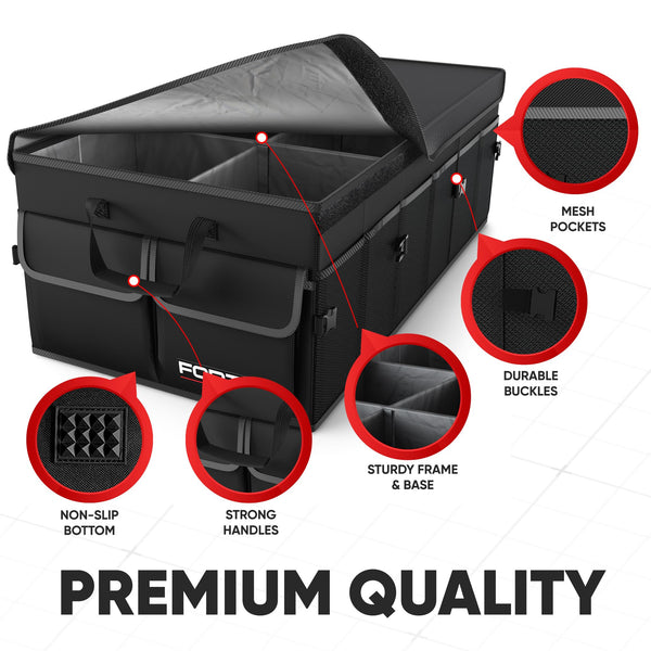 FORTEM Car Boot Organiser, Collapsible Multi Compartment SUV Organizer, Foldable Storage for Car Accessories for Women Men, 600D Oxford, Non Slip Bottom, Securing Straps, Soft Cover (50L)