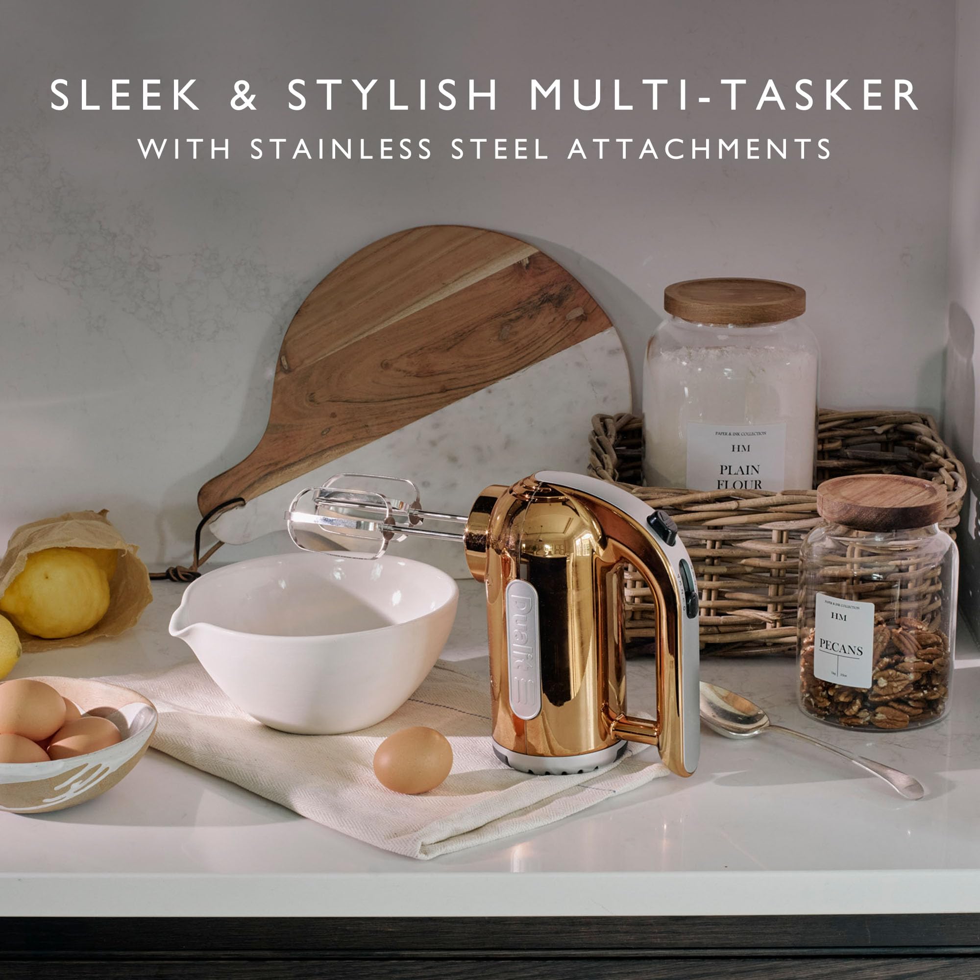 Dualit Hand Mixer Copper - 400W - Strong Grip Handle - Attachments Included - Integral Plug Storage - 4 Speed Settings - Repairable gears - Flat