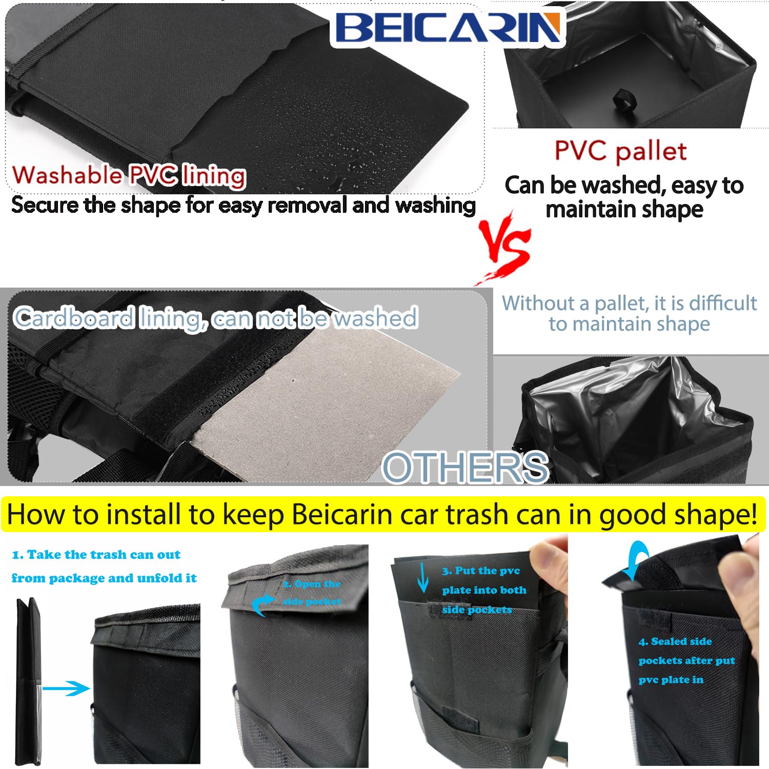 Car Trash Bin with Lid - Trash Bag Hanging with Storage Pockets Leak-Proof Car Organizer Collapsible and Portable Waterproof Garbage Bin, 10L Large Capacity Multipurpose Bin