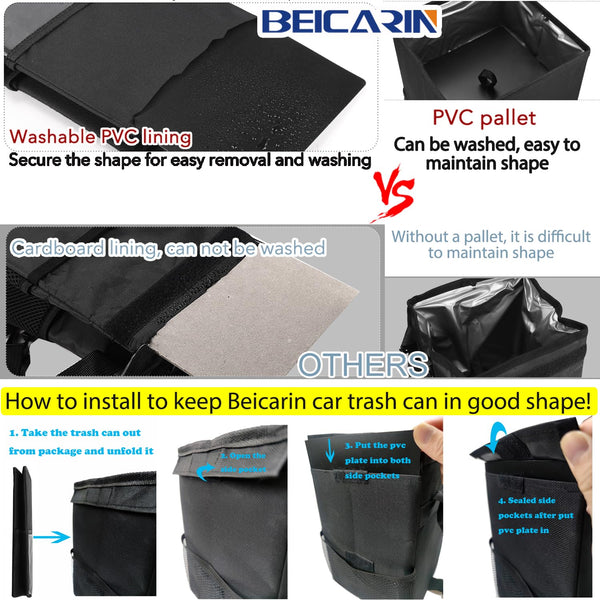 Car Trash Bin with Lid - Trash Bag Hanging with Storage Pockets Leak-Proof Car Organizer Collapsible and Portable Waterproof Garbage Bin, 10L Large Capacity Multipurpose Bin