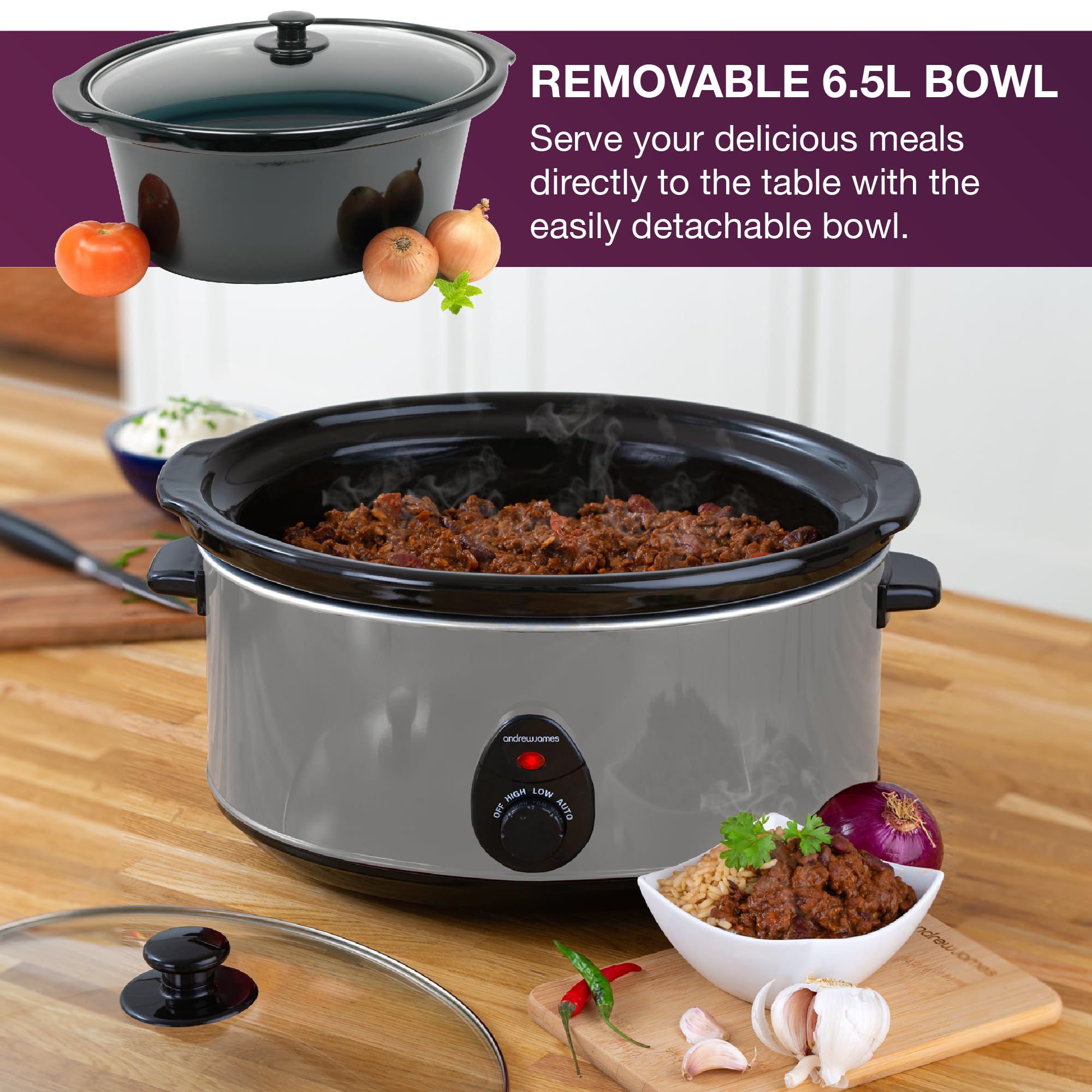 Andrew James 6.5L Slow Cooker with Removeable Easy Clean Ceramic Bowl, 3 Temperature Settings, Energy Efficient Large Slow Cooker with Tempered Glass Lid, Cool Touch Handles & Non-Slip Feet (Grey)
