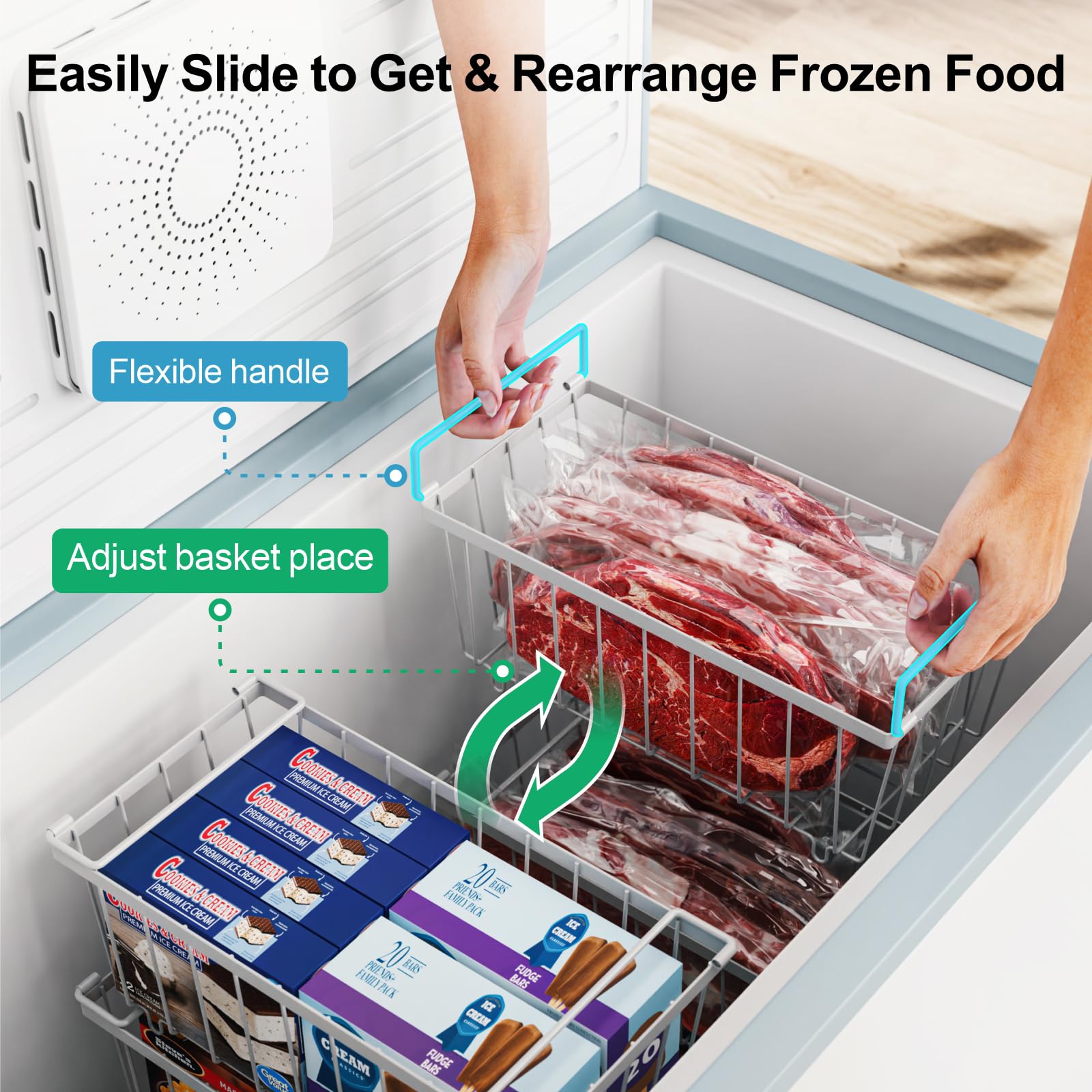iSPECLE Chest Freezer Baskets - 4 Pack Stackable Organiser for 198L Chest Freezer Easy to Sort and Get Food with Handles Add Space and Allow Air