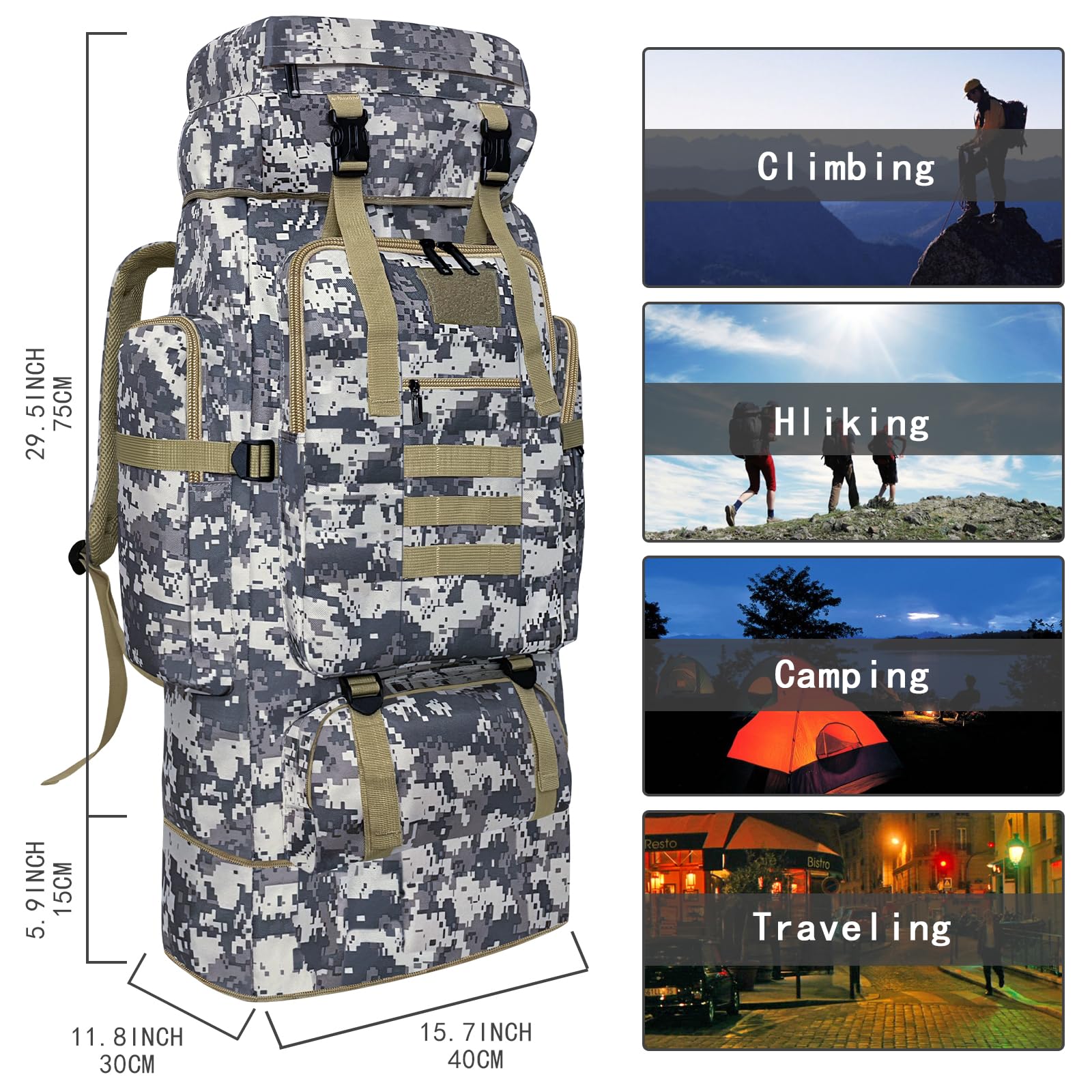 Ogetok 80L Hiking Backpack Camping Rucksack, 80 liters Large Capacity Outdoor Knapsack Travel Climbing Mountaineering Carry On Backpack Bag, Trekking Backpacking for Men Women, Black