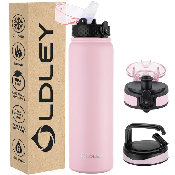 OLDLEY Stainless Steel Water Bottle with Straw 1L Vaccum Insulated Large Drink Flask Metal Water Bottles 1 Litre Leakproof Keep Drinks Hot Cold for Sports Gym with Different Lids(Purple Green, 3 Lids)
