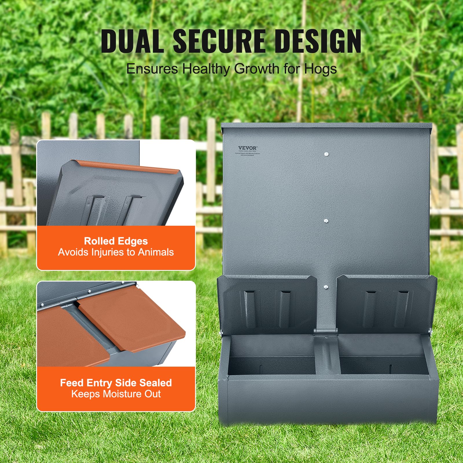 VEVOR Hog Feeder, 3.7 Bushel Capacity, Double Door Pig Feeder, Heavy Duty Steel Piglets Feeder, Multipurpose Trough Creep Feeder, Outdoor Livestock Feeder Farm Accessory for Feeding up to 8 Hogs