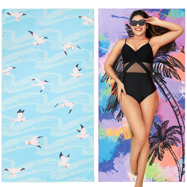 Winthome Beach Towel, Extra Large Microfibre Beach Towel for Adult, Double Sides Sand Free Quick Dry lightweight Travel Swimming Towel(Pink + Green, 90×180cm - 2 pack)