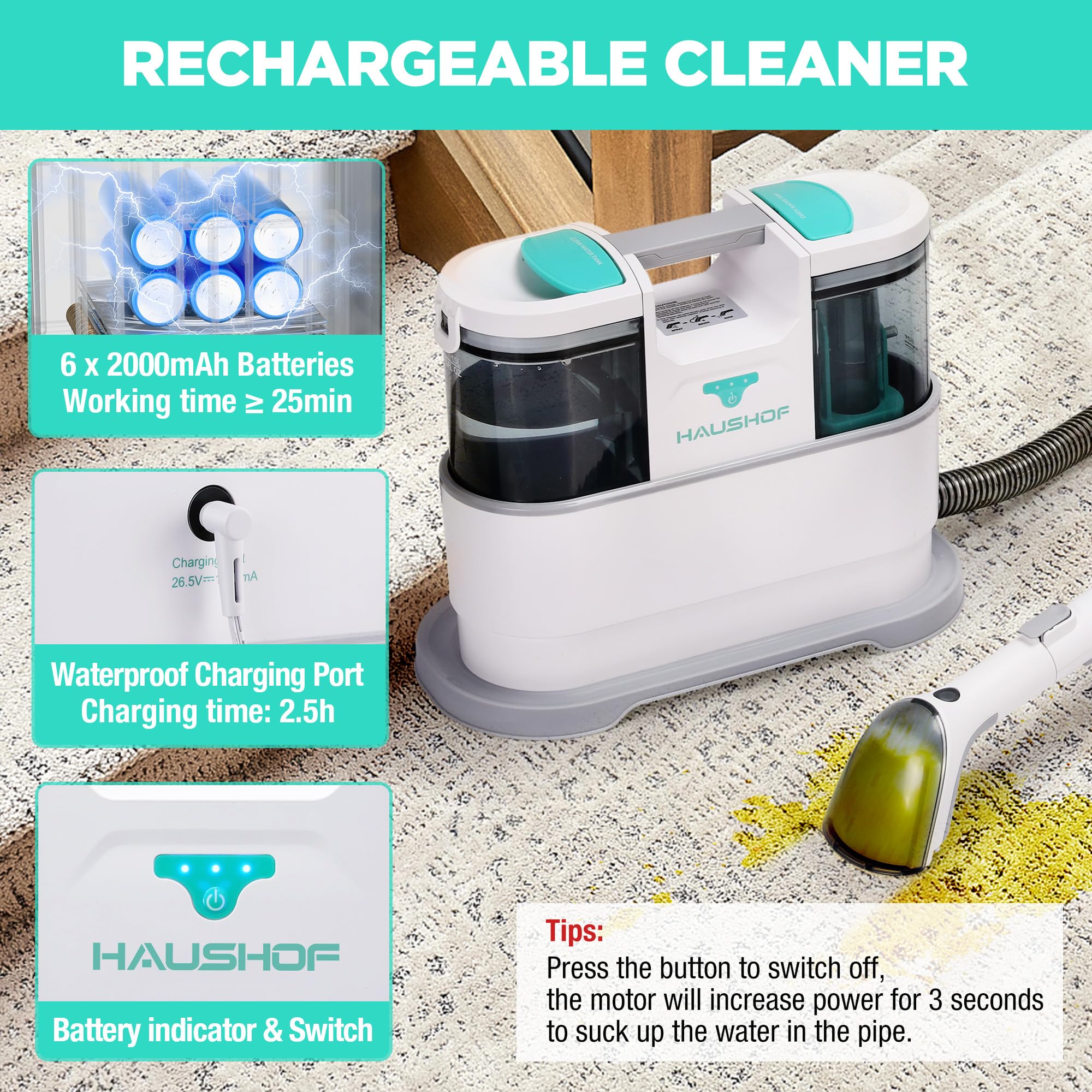 HAUSHOF StainZapper Pro Carpet Cleaner Machines, 450W Handheld Spot Carpet Washer, Clean Carpets, Stairs, Upholstery, Car Seats, 1.5L Twin Tank Spot Cleaner, Include Spot & Stain Cleaner