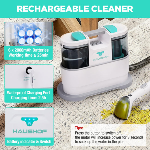 HAUSHOF StainZapper Pro Carpet Cleaner Machines, 450W Handheld Spot Carpet Washer, Clean Carpets, Stairs, Upholstery, Car Seats, 1.5L Twin Tank Spot Cleaner, Include Spot & Stain Cleaner