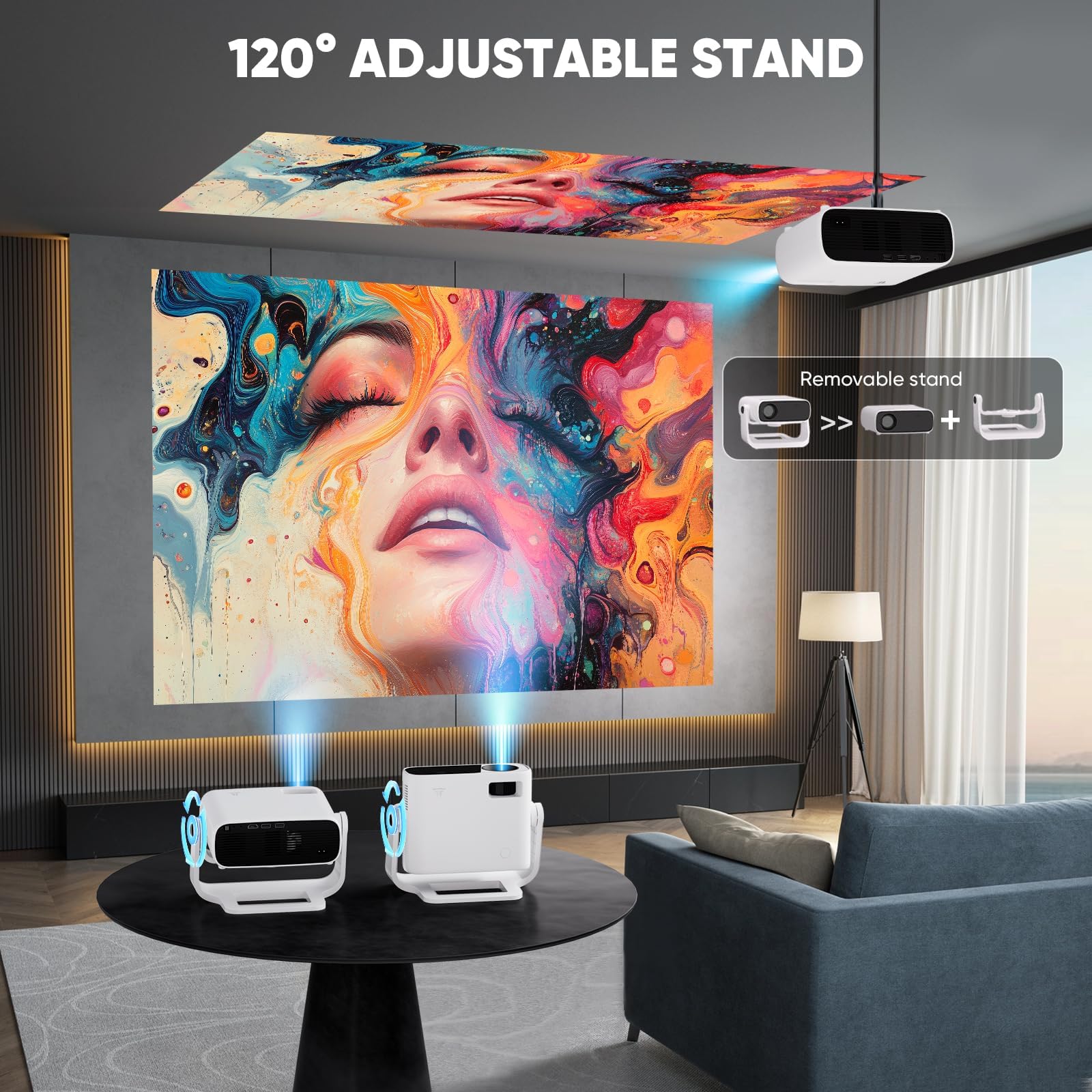 Wielio 2025 New Smart Projector Built-in Apps, Native 1080P 4K Supported, WiFi 6 & Bluetooth 5.2, Low Fan Noise (<30dB), 120° Adjustable Stand, Auto Keystone Home Cinema Projector for iOS/Android/PS5