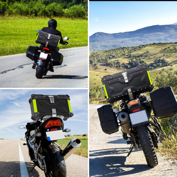 VOKKA Motorcycle Top Box, 65L Aluminium Alloy Waterproof Dustproof and Anti-Theft, Luggage Box for Storage Helmet, Motorbike Top Case with Backrest and Baseplate (Silver)