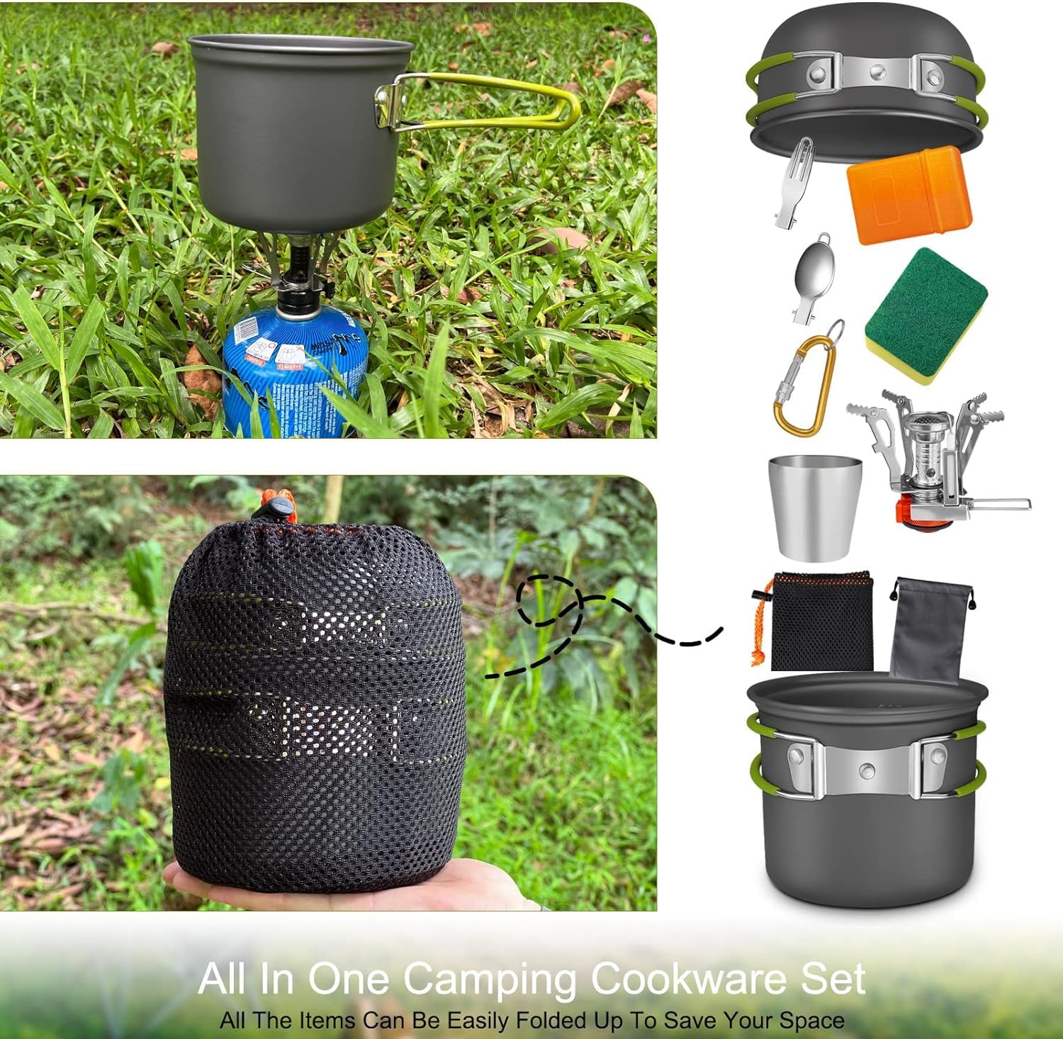 AUTOPkio Camping Cooking Set, Outdoor Camping Pans Pots and Stove - Non Stick Folding Cookware Kit for BBQ Picnic Hiking Backpacking Travel 1-2 Person Use