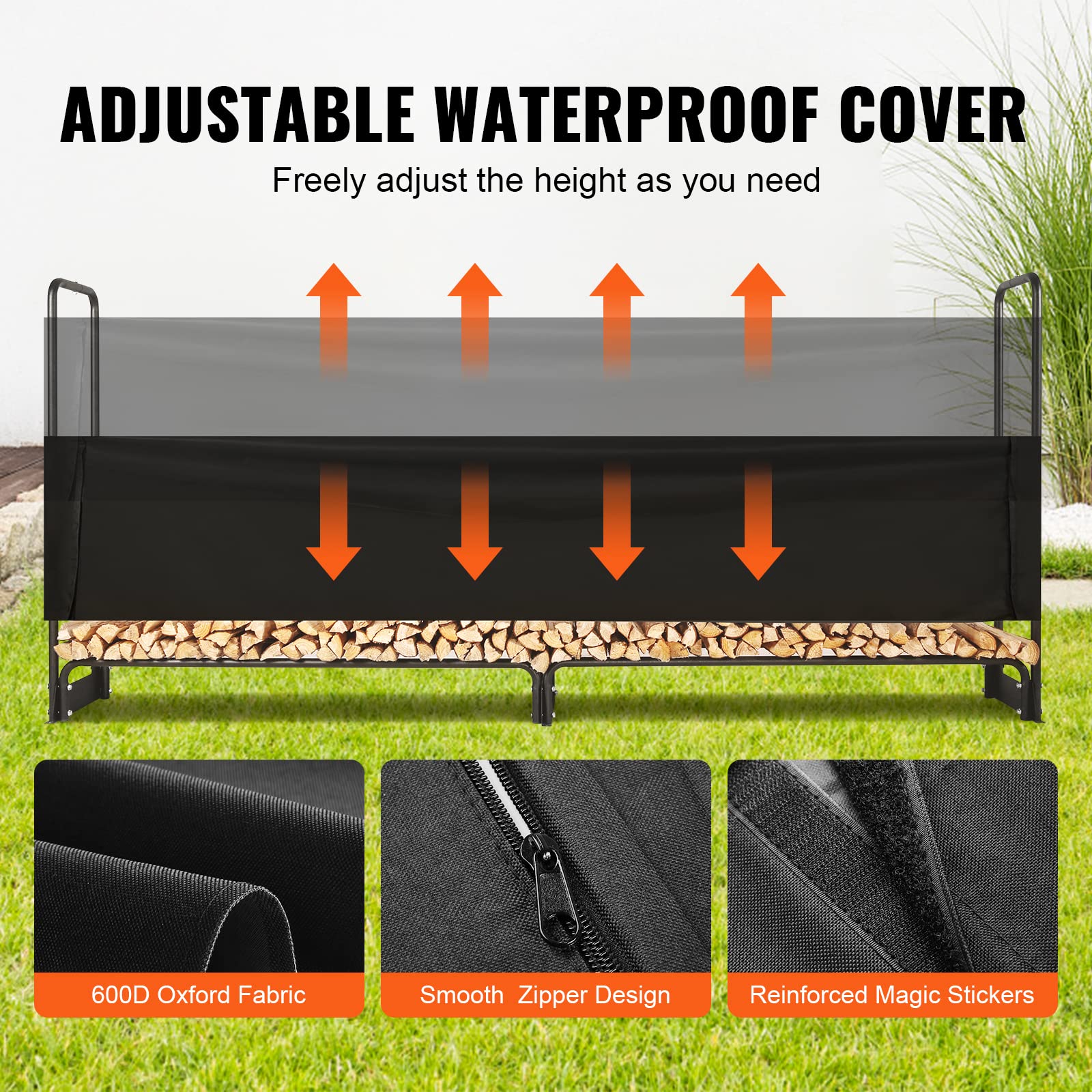 VEVOR 8.5FT Outdoor Firewood Rack with Cover, 102x14.2x46.1 in, Heavy Duty Firewood Holder & 600D Oxford Waterproof Cover for Fireplace, Patio,