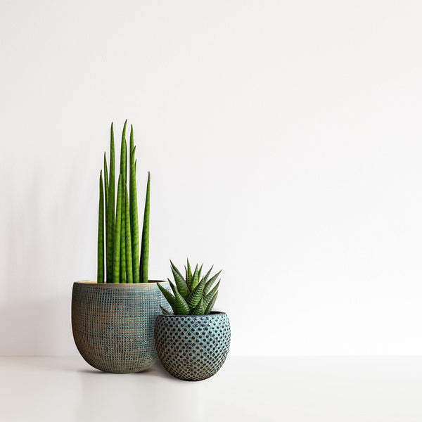 Ceramic Green Gold Plant Pot Set 2-17 and 14cm Teal Gold Indoor Planters Cement Outdoor Flower Pots