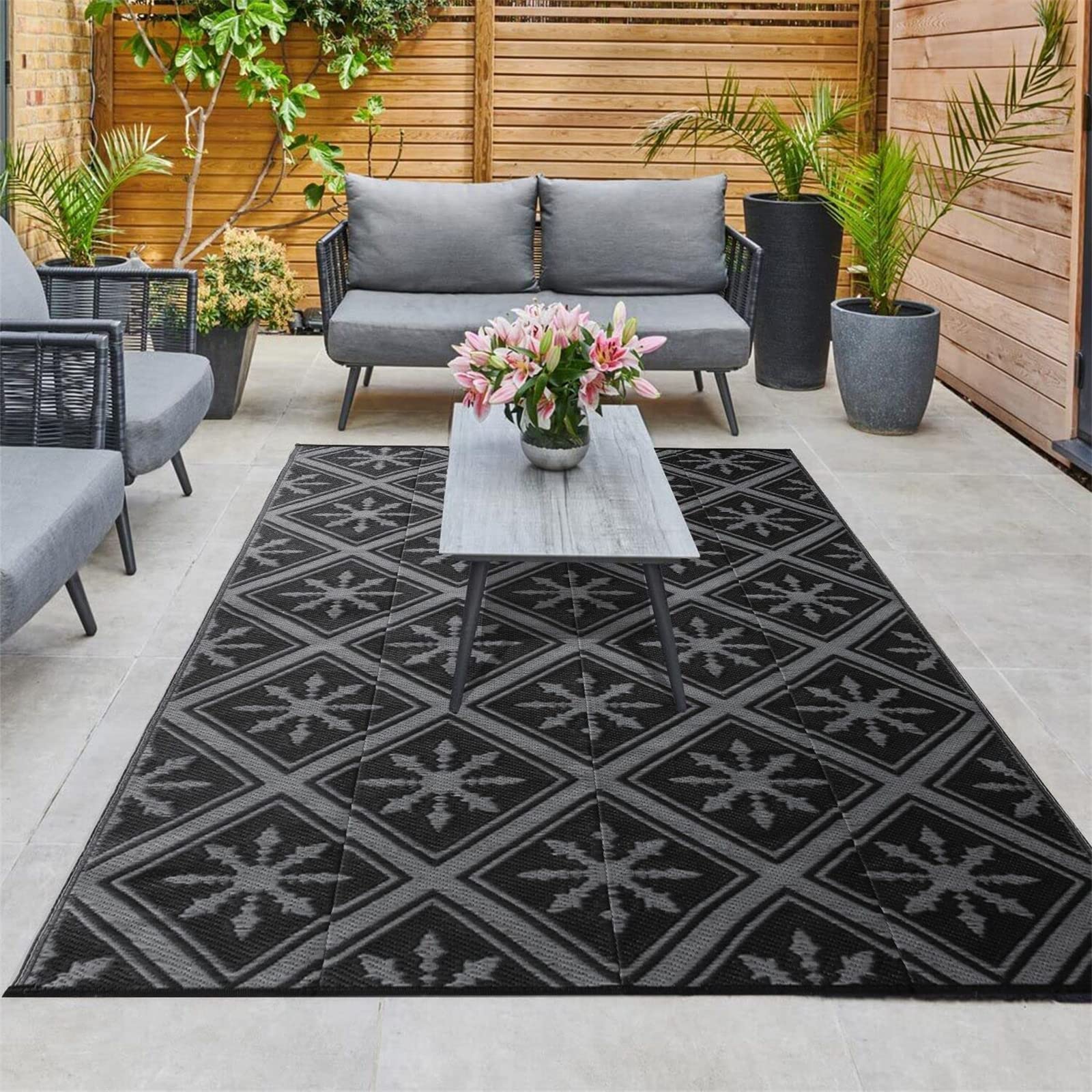 Enipate Outdoor Rugs for Patios Waterproof, 6x9ft Reversible Easy Cleaning Garden Rug, Portable Comfortable Woven Geometric Outdoor Carpet (Black &