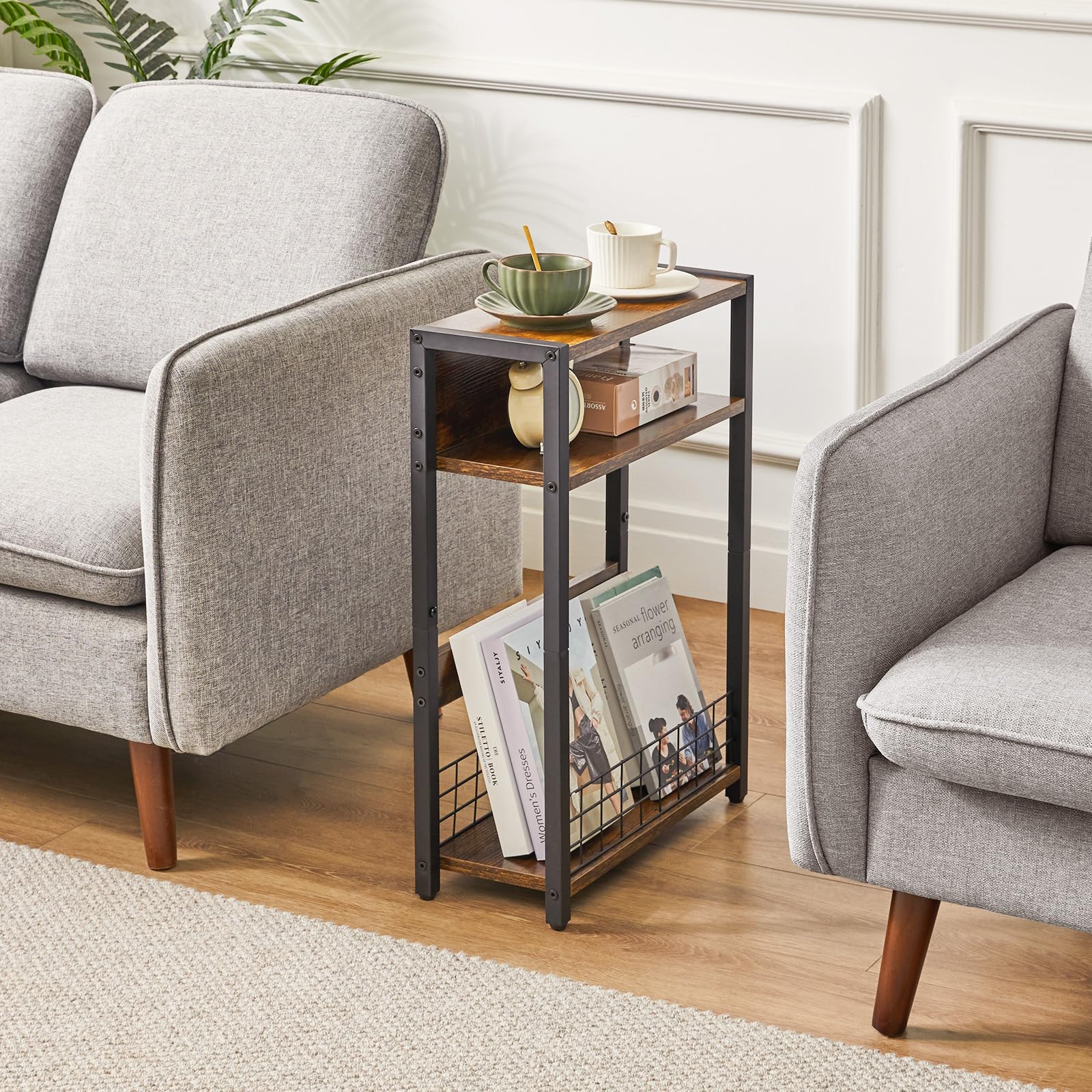 IBUYKE Narrow Side Table with Storage Shelf, 3 Tier End Table,Small Nightstand with Magazine Rack,Telephone Table for Small Spaces,for Living Room,