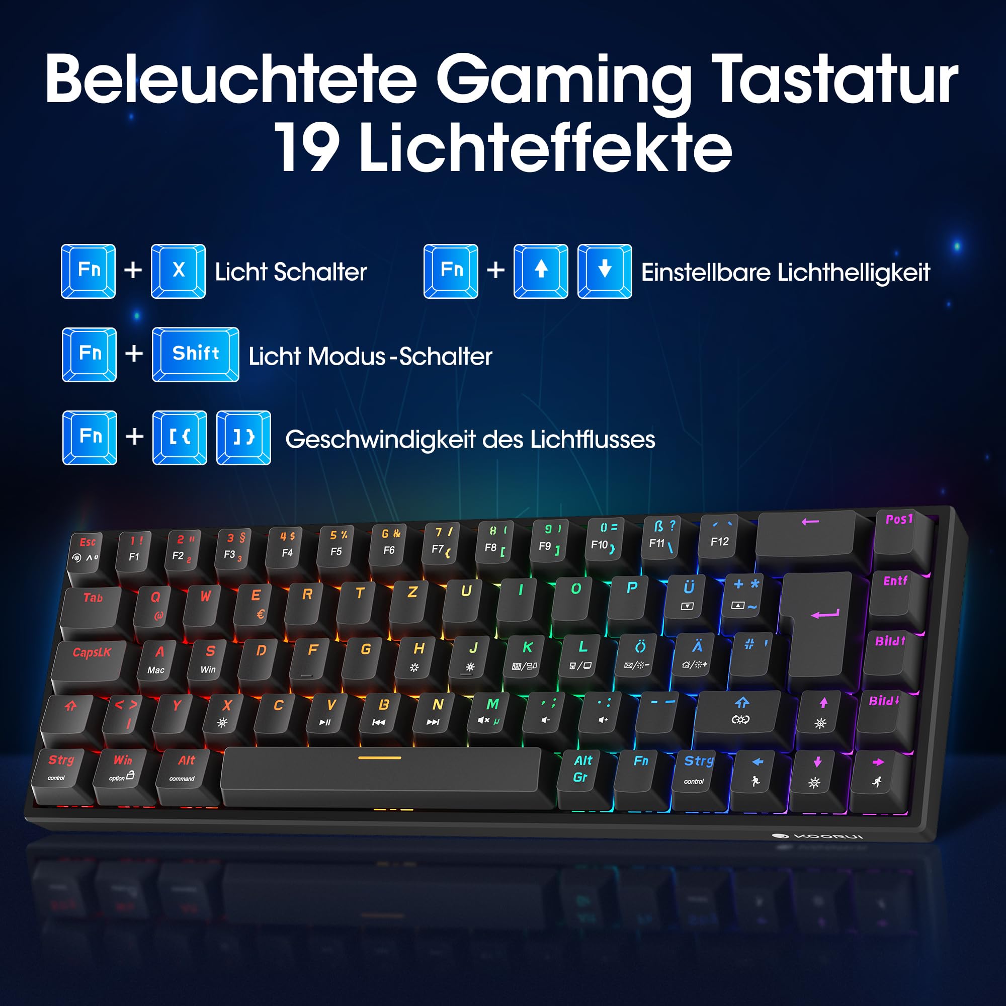 KOORUI 60% Mechanical Gaming Keyboard, Mixed Colors LED Backlit Ultra-Compact 69 Keys, Mini Wired Keyboard with Blue Switch for Windows Laptop PC/Mac OS/Xbox-BLACK(Blue Switch)