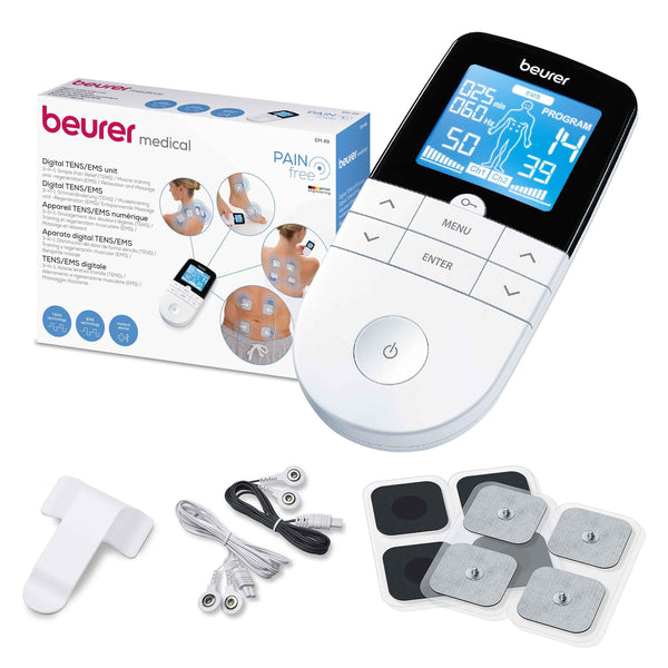 Beurer EM59 Digital TENS/EMS Device with Heat, 4-in-1 stimulation device for pain therapy, muscle stimulation, massage and heat therapy, 4 electrodes, 70 programmes, 50 intensity levels