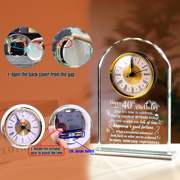 Happy 40th Birthday Quartz Clock Gifts for Women Men, Glass Birthday Keepsake for 40 Years Old Ladies, Birthday Presents for Friends Turning 40 Years