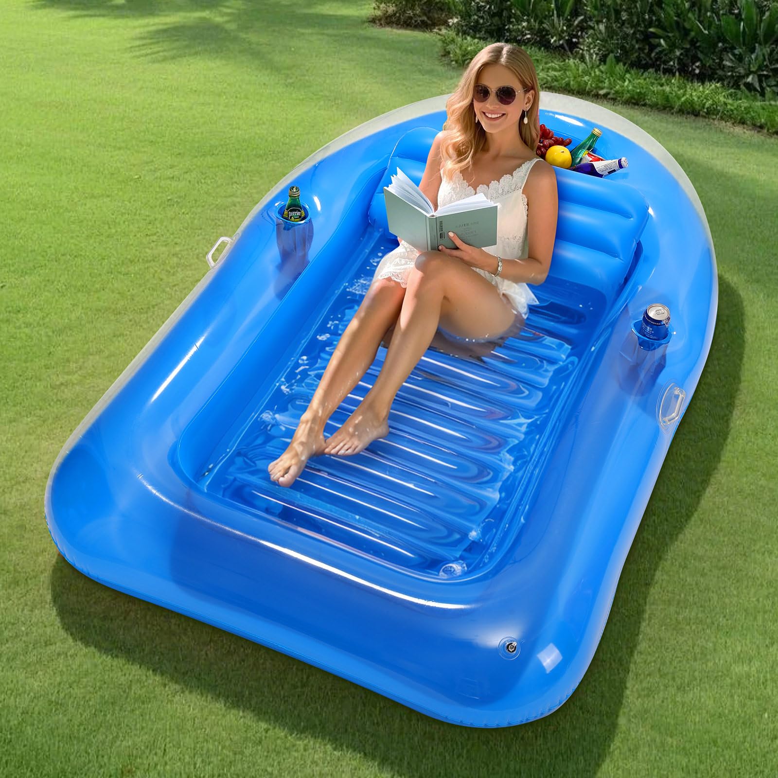 MoKo Pool Floats Adult, Floating Bed with Ice Bar, Tanning Bed Pool Raft Inflatable Lounger with Drink Holder Tanning Chair Inflatable Pool Toys for Party Beach Backyard