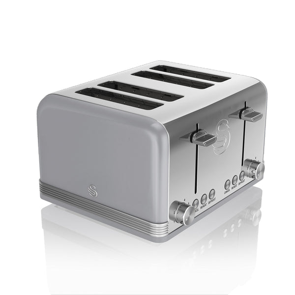 Swan ST19020GRN Retro 4-Slice Toaster with Defost/Reheat/Cancel Functions, Cord Storage, 1600W, Retro Grey