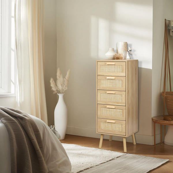 Finnhomy Rattan Chest of Drawers Bedroom, Tall Chester Drawers with 5 Hand Made Rattan Decorated Drawers for Bedroom, Small Bedside Cabinet with Wood