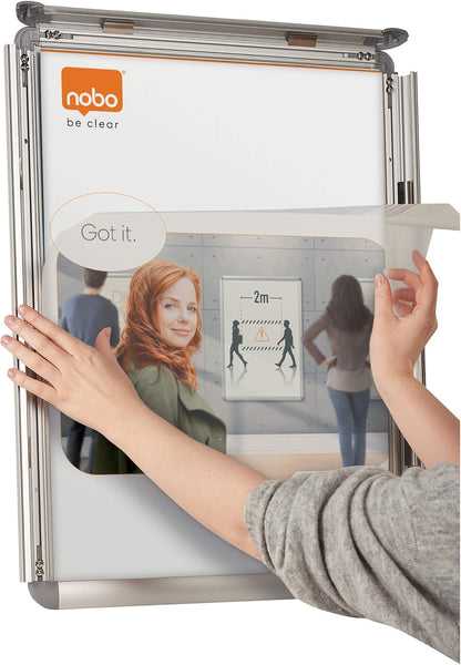 Nobo A3 Poster Frame Sign Holder With Snap Frame, Wall Mounted, Aluminium Trim, Anti-Glare Protective Cover, Premium Plus, Silver, 1902213