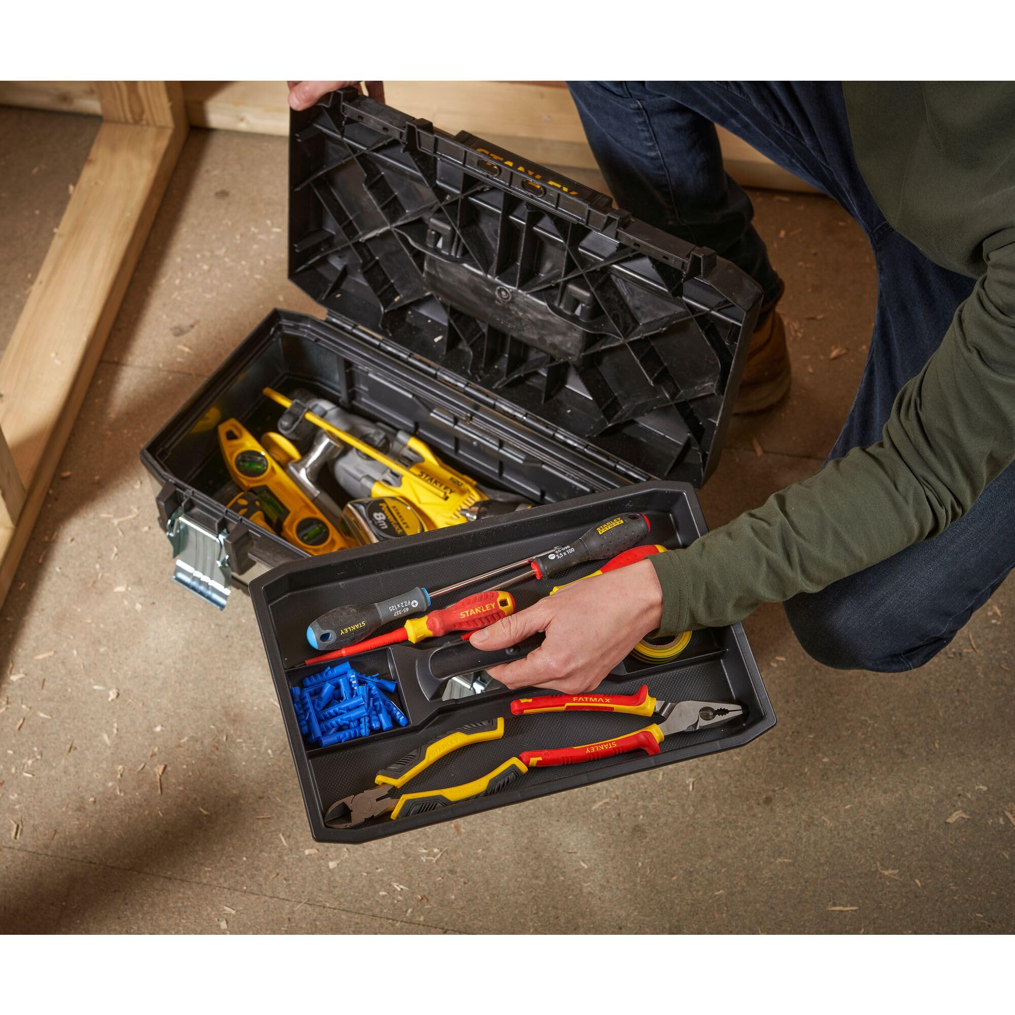 STANLEY Galvanised Toolbox Chest with Heavy Duty Metal Hinge, Portable Tote Tray for Tools and Small Parts, 26 inch, 1-95-620