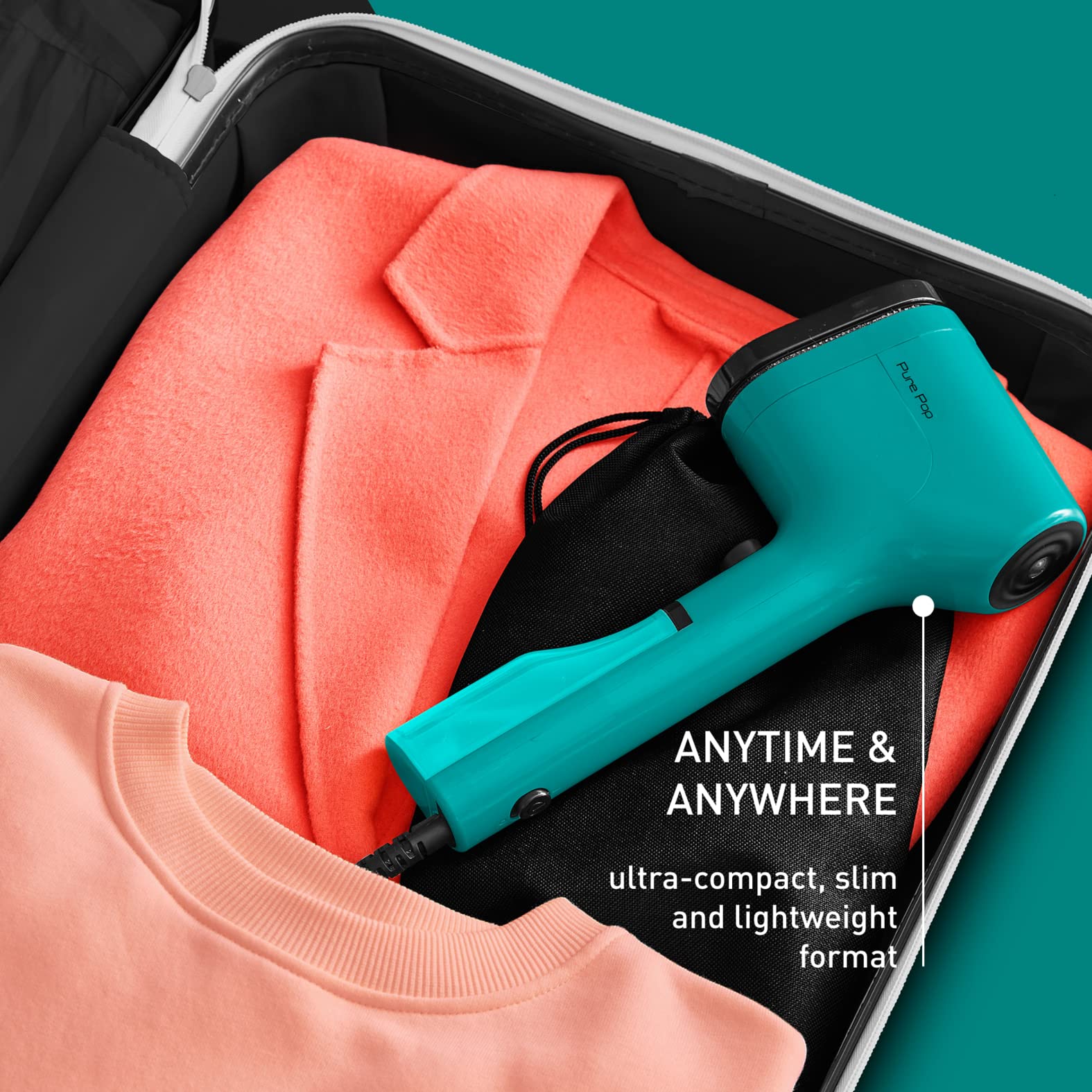 Tefal Pure Pop Slim Handheld Clothes Steamer, No Ironing Board Needed, Ready to Use in 15 Seconds, 70ml Detachable Water Tank, Travel Iron, Garment Steamer, Pink, DT2023