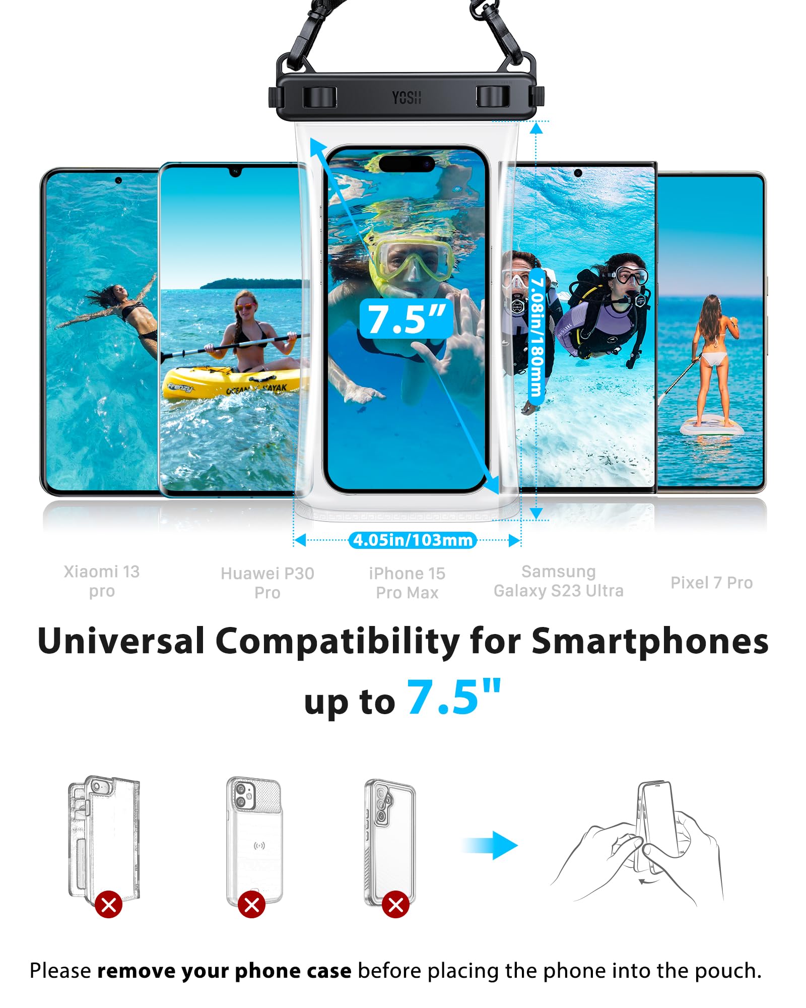 YOSH Waterproof Phone Pouch 2 Pack, 7 inch IPX8 Waterproof Phone Case for Swimming Travel Beach Trip Snorkelling Kayaking, Underwater iPhone Case for iPhone 16 15 14 Pro Max, Samsung S25 S24 Ultra