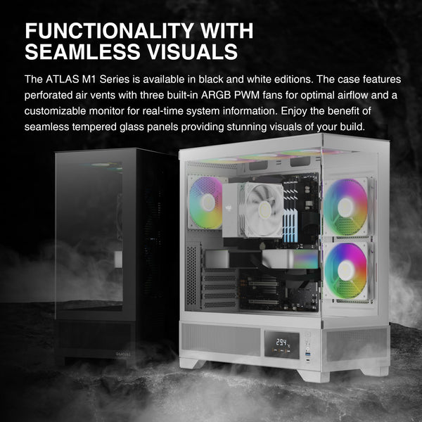 GAMDIAS PC Case, ATX Gaming Mid Tower, No-Hub, Real-time Monitor, Seamless Tempered Glass, Pre-install 3 x 120 mm ARGB PWM Fans, Side Vents Perforated, Black