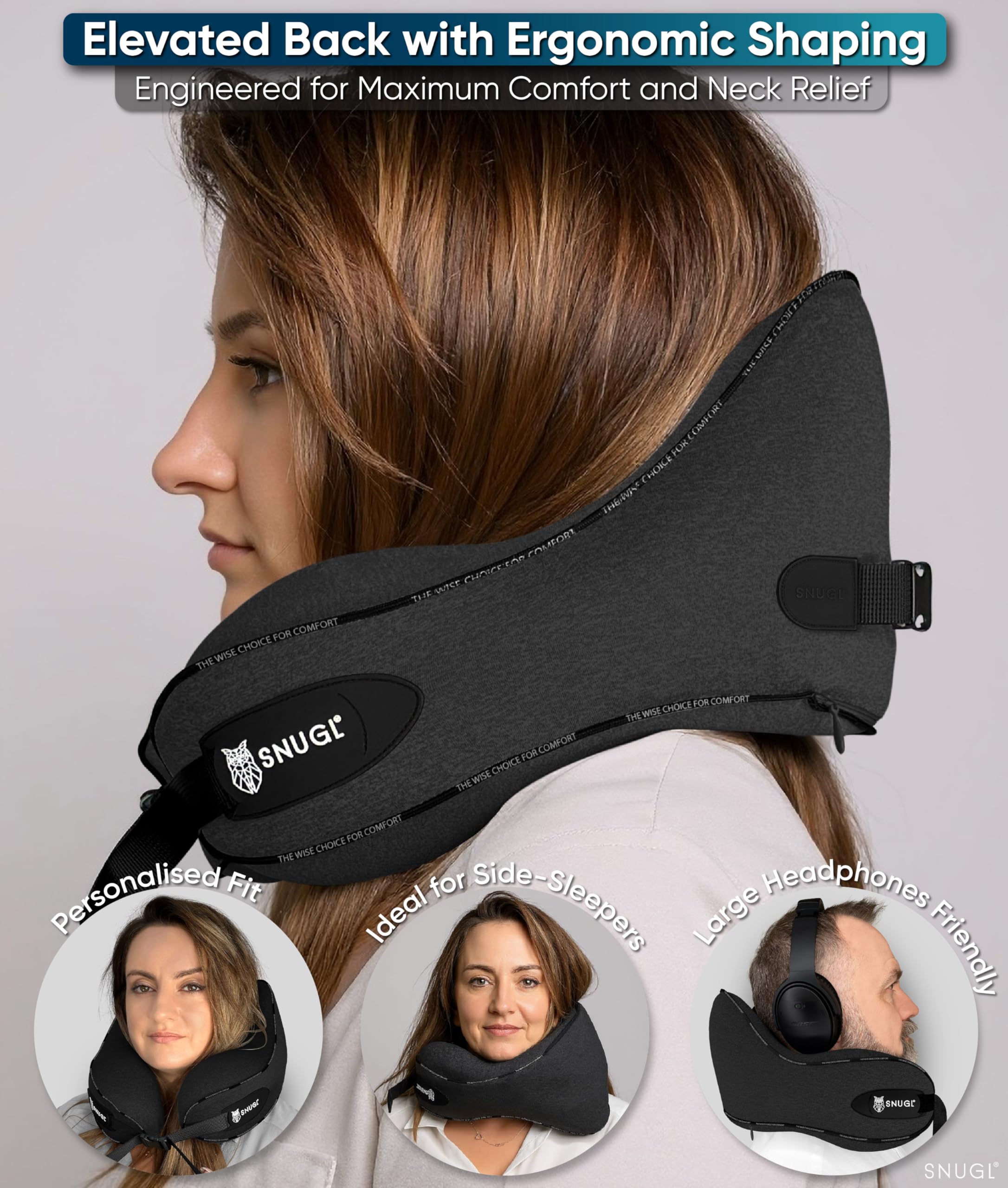 SNUGL Travel Pillow – Memory Foam Neck Pillow for Travel – Support Cushion for Airplane with Carry Bag & Clip - Holiday Essentials (Black - Adult Regular)