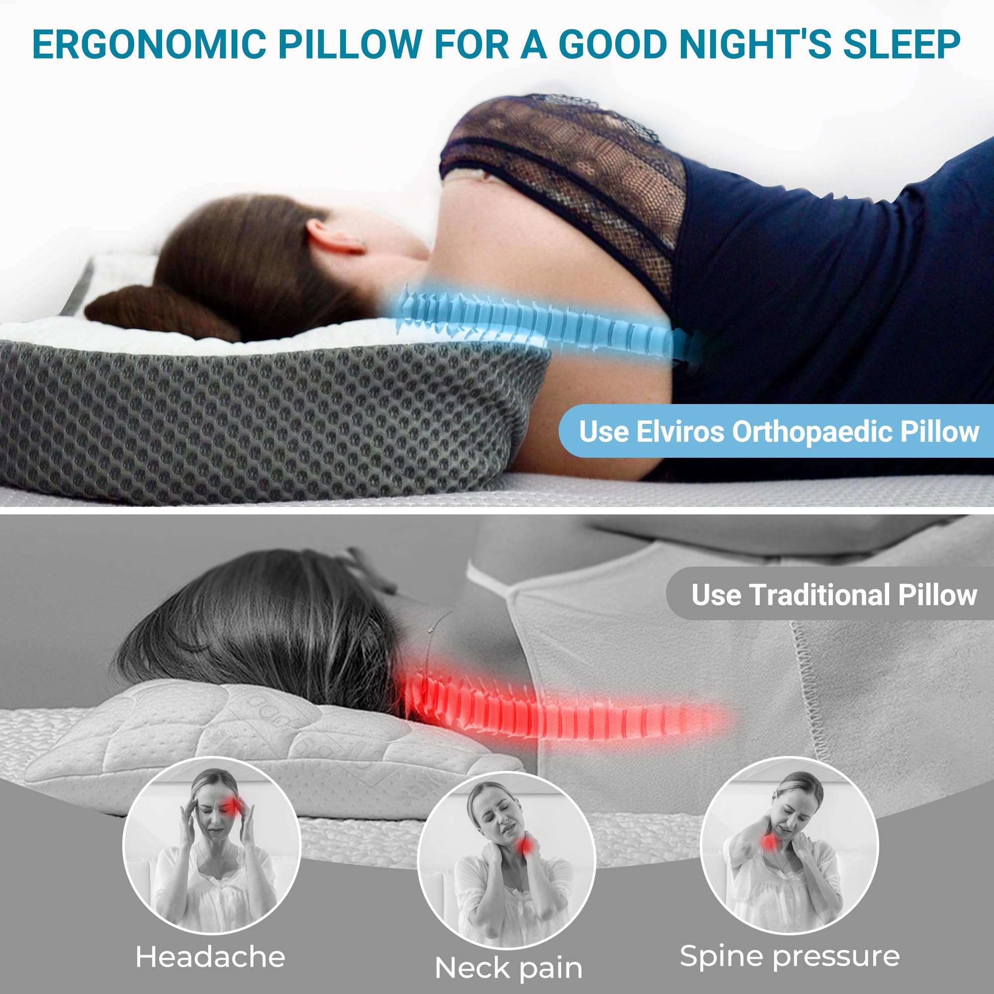 Elviros Cervical Memory Foam Neck Pillow for Side Sleeping, Orthopedic Pillows for Back and Stomach Sleepers, Adjustable Ergonomic Bed Pillow Pain Relief (White)