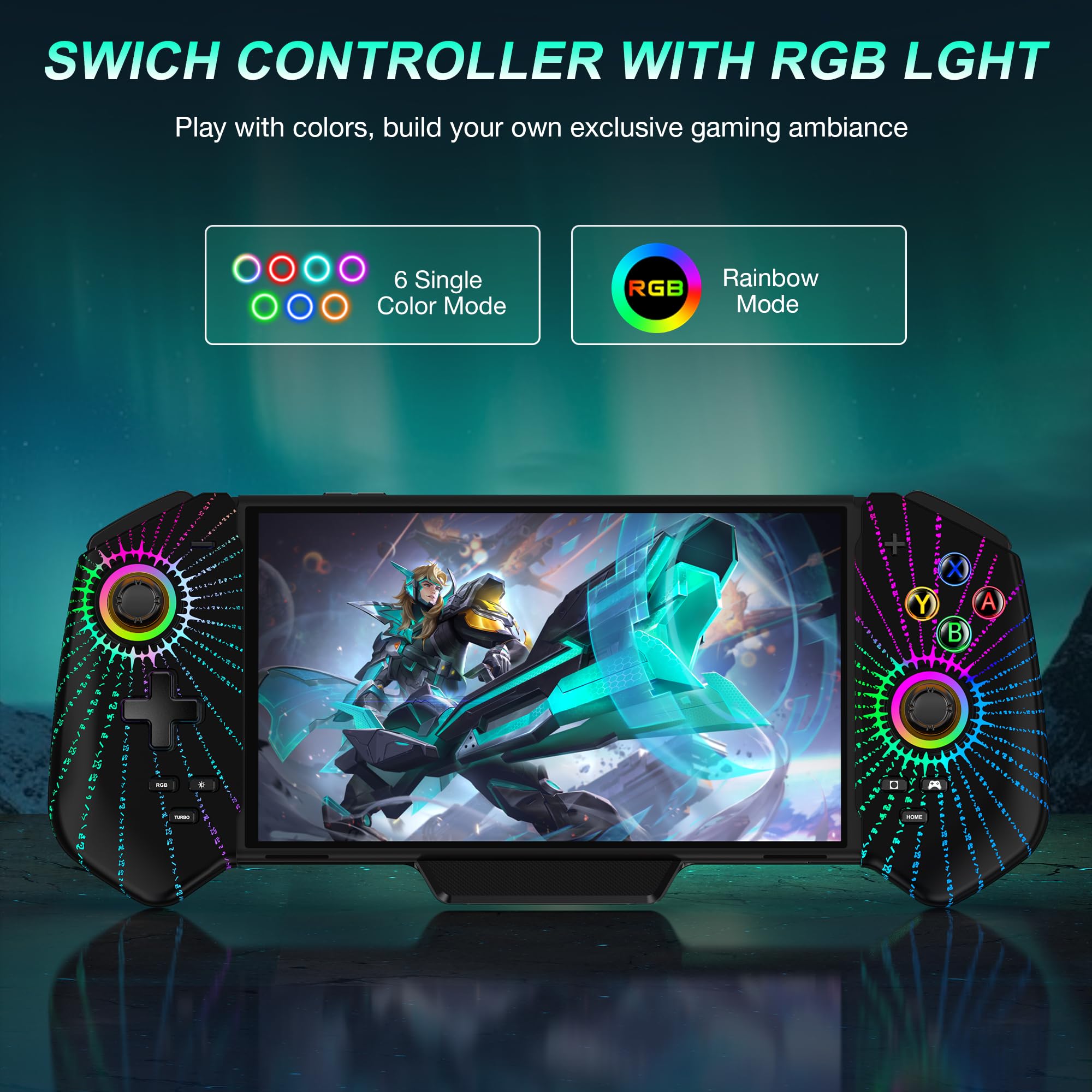 HELLCOOL Switch Pro Controller for Switch/OLED,Switch Controller for Handheld Grip with Hall Effect Joystick,One-Piece Switch Joycon with Turbo/Programmable/6-Axis/Vibration/RGB/4 Card Slot(Black)