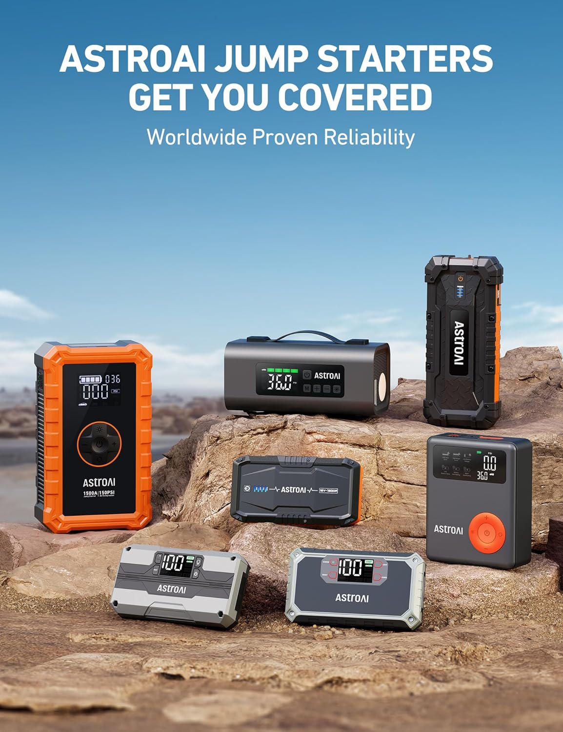 AstroAI Jump Starter Power Pack with Air Compressor, 12V Portable Car Battery Booster Jump Starter and 150PSI Tyre inflator Power Pack with Emergency Light, LED Display