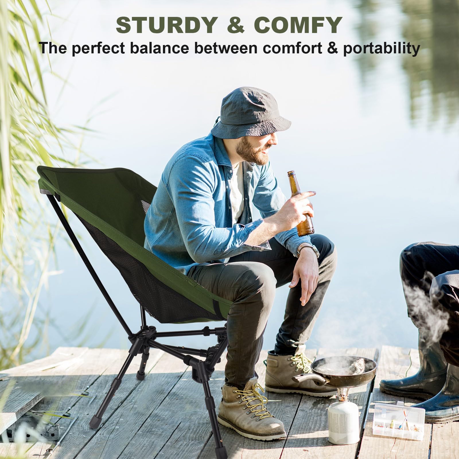 Portable Folding Camping Chair: Lightweight Height Adjustable Camping Chairs Stable Supports 330 Lbs with Side Pockets for Outdoor Camp, Travel, Beach, Lawn (Black)