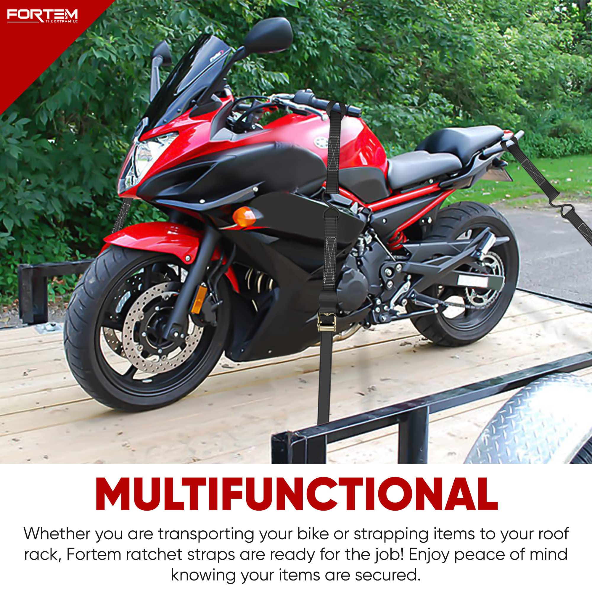 FORTEM Ratchet Straps, 748kg Break Strength, 4 Pack 4.6m x 2.54cm Tie Down Strap Set, 4 Soft Loops, Motorcycle Straps Tie Downs, Cargo Cam Buckles, Rubber Handles, Carry Bag