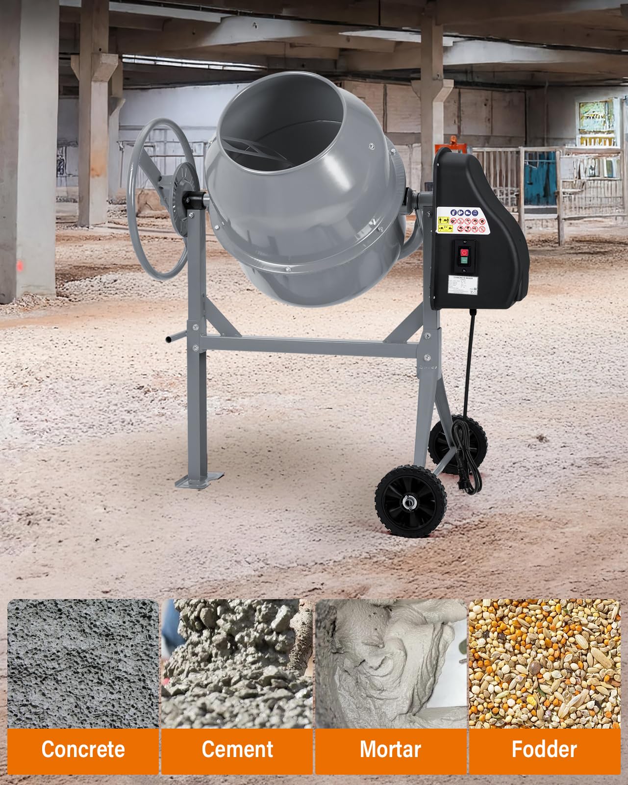 DKIEI 63L Electric Cement Mixer, 220W Concrete Mixer with Wheels and Stand, Portable Mud Mixer Machine for Cement, Stucco, Seeds and Fodder, 230V, 50Hz, 30RPM, Orange