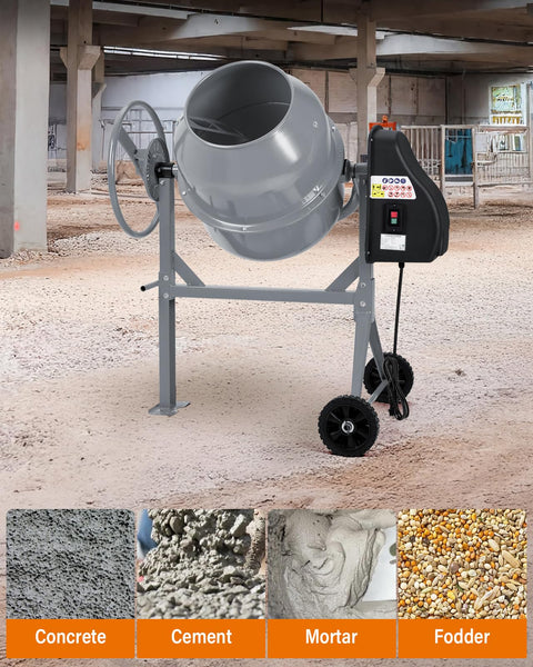 DKIEI 63L Electric Cement Mixer, 220W Concrete Mixer with Wheels and Stand, Portable Mud Mixer Machine for Cement, Stucco, Seeds and Fodder, 230V, 50Hz, 30RPM, Orange